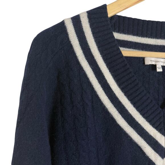 Rebecca Taylor Navy Contrast Tipped V-Neck Varsity Pullover Sweater Size Small - Picture 5 of 11